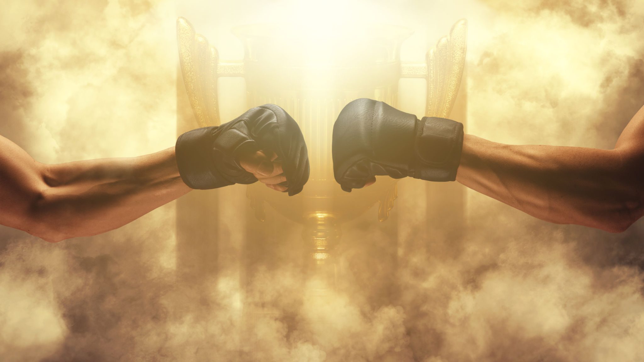 Boxing gloves clash in smoky light.